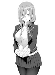 Rule 34 | 1girl, blazer, blush, breasts, cardigan, closed mouth, crimecrime, fingers together, go-toubun no hanayome, greyscale, hair between eyes, headphones, headphones around neck, jacket, large breasts, legs, long hair, long sleeves, monochrome, nakano miku, pantyhose, shirt, simple background, skirt, solo, standing, steepled fingers, thighs, white background
