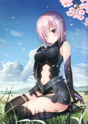 Rule 34 | 1girl, absurdres, ankle boots, armor, armored dress, bare shoulders, black armor, black dress, black gloves, black thighhighs, blue sky, blush, boots, breasts, closed mouth, clothing cutout, cloud, clover, day, dress, elbow gloves, fate/grand order, fate (series), field, four-leaf clover, full body, gloves, grass, grey footwear, hair over one eye, high heel boots, high heels, highres, holding, looking at viewer, mash kyrielight, medium breasts, navel, navel cutout, outdoors, pink hair, purple eyes, scan, seiza, short hair, sitting, sky, sleeveless, sleeveless dress, smile, solo, sousouman, stomach, thigh strap, thighhighs, thighs