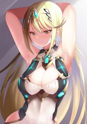 Rule 34 | 1girl, armpits, arms behind head, blonde hair, breasts, chest jewel, cleavage, cleavage cutout, clothing cutout, daive, highres, jewelry, large breasts, long hair, mythra (xenoblade), solo, sweat, xenoblade chronicles (series), xenoblade chronicles 2, yellow eyes