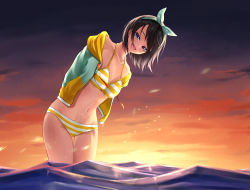 Rule 34 | 1girl, :d, absurdres, arms behind back, bikini, black hair, blue eyes, blue jacket, blue ribbon, blush, breasts, cleavage, cloud, cloudy sky, commentary, cowboy shot, hair ribbon, hairband, highres, hololive, hood, hooded jacket, huge filesize, jacket, leaning forward, light particles, looking at viewer, medium breasts, multicolored clothes, multicolored jacket, navel, ocean, off shoulder, official alternate costume, oozora subaru, oozora subaru (hololive summer 2019), open clothes, open jacket, open mouth, orange sky, outdoors, polka dot hairband, purple sky, ribbon, short hair, sky, smile, solo, stomach, striped bikini, striped clothes, sunlight, sunset, swimsuit, thigh gap, thighs, toi1et paper, two-tone jacket, virtual youtuber, wading, yellow bikini, yellow jacket