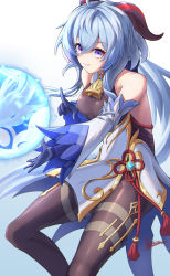 Rule 34 | alpaca (alpaca00011), artist name, bare shoulders, bell, black gloves, black legwear, blue hair, breasts, chinese knot, curled horns, detached sleeves, flower knot, ganyu (genshin impact), genshin impact, gloves, gold trim, highres, horns, long hair, looking at viewer, looking to the side, neck bell, orb, purple eyes, signature, small breasts, smile, solo, tassel, thighlet, vision (genshin impact), white sleeves, wide sleeves