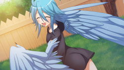 Rule 34 | 1girl, ahoge, artist request, ass, black dress, blue hair, blue wings, blush, breasts, dress, closed eyes, feathered wings, feathers, fence, game cg, grass, hair between eyes, harpy, long shirt, medium hair, monster girl, monster musume no iru nichijou, monster musume no iru nichijou online, official alternate costume, official art, open mouth, outdoors, papi (monster musume), small breasts, solo, tree, winged arms, wings