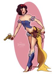 Rule 34 | 00s, 1girl, bare shoulders, belt, black hair, cosplay, crossover, disney, final fantasy, final fantasy x, final fantasy x-2, gun, handgun, high heels, highres, miniskirt, pistol, pouch, resolution mismatch, simple background, skirt, skirtzzz, snow white (disney), snow white and the seven dwarfs, solo, source larger, square enix, weapon, yuna (cosplay), yuna (ff10) (cosplay)