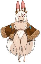Rule 34 | 1girl, animal ears, breasts, bright pupils, bulge, choker, cleavage, curvy, erection, erection under clothes, futanari, gluteal fold, groin, high heels, highres, jacket, large breasts, leotard, long hair, open clothes, open jacket, original, outstretched arms, pendant choker, rabbit ears, rabbit girl, red eyes, shortstack, simple background, sleeves past fingers, sleeves past wrists, smile, solo, spread arms, thick thighs, thighs, tres (zanamaoria), very long hair, white background, white hair, white leotard, zanamaoria