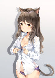 Rule 34 | 1girl, animal ears, arknights, blush, bra, breasts, brown eyes, brown hair, cat ears, cat girl, cat tail, chahei, cleavage, closed mouth, collarbone, collared shirt, commentary, cowboy shot, dress shirt, dressing, ear piercing, grey background, highres, long hair, long sleeves, medium breasts, navel, no pants, panties, piercing, purple bra, purple panties, shadow, shirt, skyfire (arknights), smile, solo, tail, underwear, white shirt