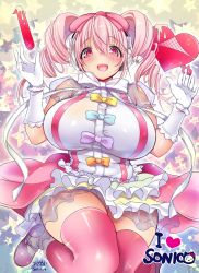 Rule 34 | 1girl, bare shoulders, blush, bow, breasts, curvy, gloves, hair bow, headphones, highres, large breasts, long hair, looking at viewer, moomoo-san, nitroplus, open mouth, pink eyes, pink hair, see-through, skirt, smile, solo, super sonico, thighhighs, twintails, white gloves, wide hips