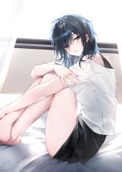 Rule 34 | 1girl, absurdres, bara (03 bara ), bare legs, black hair, blue eyes, blush, crossed legs, from side, highres, indoors, knees up, looking at viewer, looking to the side, original, parted lips, shirt, short hair, short sleeves, sitting, smile, solo, thighs, white shirt, yokoyama ishimi