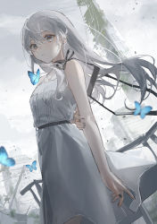 Rule 34 | 1girl, absurdres, black ribbon, blue butterfly, bug, butterfly, cloud, cloudy sky, commentary request, cowboy shot, dress, grey eyes, grey nails, grey sky, hand on own arm, highres, insect, long hair, looking at viewer, nail polish, original, outdoors, oyuyu, parted lips, power lines, ribbon, ruins, silver hair, sky, sleeveless, sleeveless dress, solo, utility pole, white dress