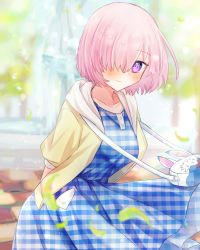 Rule 34 | 1girl, arms behind back, bag, blue dress, blurry, blurry background, blush, closed mouth, collarbone, commentary request, dress, fate/grand order, fate (series), fou (fate), fountain, hair over one eye, handbag, harukappa, highres, hood, hood down, hooded jacket, jacket, looking at viewer, mash kyrielight, mash kyrielight (senpai killer outfit), official alternate costume, one eye covered, open clothes, open jacket, outdoors, pink hair, plaid, plaid dress, purple eyes, short hair, short sleeves, smile, solo, yellow jacket