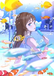 Rule 34 | 1girl, absurdres, air bubble, blue eyes, blue sky, brown hair, bubble, building, city, cloud, clownfish, day, dress, fish, food, highres, holding, holding food, holding popsicle, long hair, nap on a cloud, original, popsicle, sky, solo, tropical fish, white dress