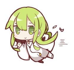 Rule 34 | :&gt;, androgynous, enkidu (fate), fate/strange fake, fate (series), feathers, flying, full body, gender request, green eyes, green hair, long hair, looking at viewer, nuu (nu-nyu), robe, simple background, solo, waving, white background, white robe