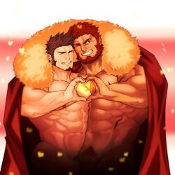 Rule 34 | 2boys, abs, absurdres, bad tag, bara, beard, blue eyes, brown hair, cape, couple, cowboy shot, dark-skinned male, dark skin, facial hair, fate/grand order, fate (series), full beard, goatee, grin, heart, heart background, heart hands, heart hands duo, highres, interracial, iskandar (fate), large pectorals, loboke, long sideburns, looking at viewer, male focus, male pubic hair, mature male, multiple boys, muscular, muscular male, naked cape, napoleon bonaparte (fate), navel, nipples, one eye closed, pectorals, penis, penis peek, pubic hair, red cape, shared cape, shared clothes, short hair, sideburns, smile, standing, stomach, strongman waist, thick beard, thick eyebrows, two-tone background, valentine, yaoi