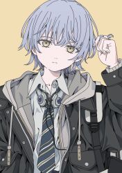 Rule 34 | 1girl, :|, bag, black jacket, blue hair, blue necktie, closed mouth, collarbone, collared shirt, commentary request, diagonal-striped clothes, diagonal-striped necktie, drawstring, expressionless, grey hoodie, grey shirt, haku geroda, hand in own hair, hand up, head tilt, headphones, headphones around neck, hood, hoodie, jacket, long sleeves, looking at viewer, mole, mole under eye, necktie, open clothes, open collar, open hoodie, open jacket, original, shirt, short hair, shoulder bag, shoulder strap, simple background, solo, striped clothes, thick eyelashes, twirling hair, upper body, yellow background, yellow eyes