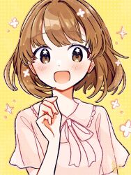 Rule 34 | 1girl, :d, aoiyui, arm at side, blush, brown eyes, brown hair, collared shirt, dot nose, hand up, highres, long bangs, looking at viewer, neck ribbon, open mouth, original, ribbon, shirt, short hair, short sleeves, sidelocks, simple background, smile, solo, sparkle, upper body, white ribbon, white shirt, yellow background