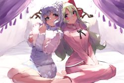 Rule 34 | 2girls, :3, absurdres, bed, between legs, blush, bow, closed mouth, commission, hair between eyes, hair bow, hair ornament, hair ribbon, hand between legs, hand up, heterochromia, highres, light green hair, lilith (lumilive), long hair, looking at another, lumilive, mei amaya, multiple girls, hugging object, pajamas, pillow, pillow hug, purple eyes, purple hair, ribbon, sidelocks, sitting, skeb commission, takuan (mo55ilst), virtual youtuber, wariza