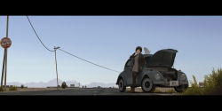 Rule 34 | 1girl, against vehicle, ankle boots, black hair, black jacket, bob cut, boots, brown pantyhose, car, cigarette, day, dress, grey sweater, hand in pocket, highres, holding, holding cigarette, horizon, jacket, jitome, letterboxed, long sleeves, motor vehicle, mountainous horizon, negative space, open clothes, open jacket, original, outdoors, pantyhose, power lines, ren (gh), short hair, sky, smoke, smoking, solo, standing, sweater, sweater dress, utility pole