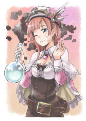 Rule 34 | 1girl, atelier (series), atelier rorona, bad id, bad pixiv id, blue eyes, brown hair, cape, fantasy, female focus, flask, hat, kaito (k4itoh), rororina fryxell, round-bottom flask, short hair, solo, wince