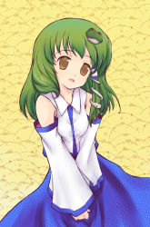 Rule 34 | 1girl, :d, blue skirt, blush, cowboy shot, detached sleeves, female focus, frog, green hair, kashiwagi kazuhiro, kochiya sanae, long hair, long sleeves, looking at viewer, open mouth, own hands together, simple background, skirt, smile, solo, standing, touhou, yellow background