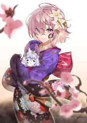 Rule 34 | 1girl, ahoge, animal, blurry, blurry foreground, blush, breasts, cherry blossoms, circle, closed mouth, commentary request, fate/grand order, fate (series), floral print, flower, fou (fate), hair between eyes, hair flower, hair ornament, hair over one eye, highres, holding, holding animal, japanese clothes, kabu (niniko2ko), kimono, long sleeves, looking at viewer, mash kyrielight, mash kyrielight (grand new year), new year, obi, official alternate costume, paint, pink flower, print kimono, purple eyes, purple kimono, sash, short hair, smile, solo, white flower, wide sleeves
