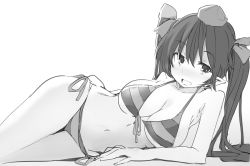 Rule 34 | 1girl, bare arms, bare shoulders, bikini, blush, breasts, collarbone, cowboy shot, front-tie bikini top, front-tie top, gradient background, grey background, greyscale, hair between eyes, hair ribbon, halterneck, hat, himekaidou hatate, kamukamu (ars), large breasts, long hair, looking at viewer, lying, monochrome, navel, nose blush, on side, open mouth, pointy ears, ribbon, side-tie bikini bottom, sketch, smile, solo, stomach, string bikini, striped bikini, striped clothes, swimsuit, thighs, tokin hat, touhou, twintails, white background