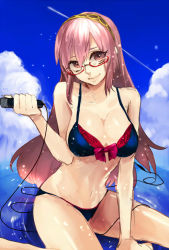 Rule 34 | 1girl, arm support, bad id, bad pixiv id, bare arms, bare legs, bare shoulders, beach, bespectacled, bikini, blue bikini, breasts, cleavage, cloud, collarbone, czc (deko), female focus, glasses, hair between eyes, hairband, holding, holding microphone, large breasts, legs, long hair, looking at viewer, megurine luka, microphone, navel, pink eyes, pink hair, red-framed eyewear, semi-rimless eyewear, sitting, sky, smile, solo, swimsuit, vocaloid, wariza