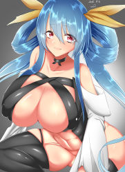 Rule 34 | 1girl, 2016, bare shoulders, black thighhighs, blue hair, breasts, cleavage, dated, dizzy (guilty gear), guilty gear, highres, large breasts, long hair, red eyes, smile, solo, thighhighs, ziran