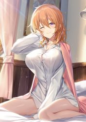 Rule 34 | 1girl, ;), aged up, alternate breast size, between legs, blouse, breasts, collared shirt, commentary, covered erect nipples, curtains, day, dress shirt, gochuumon wa usagi desu ka?, hair between eyes, hand between legs, hand on own cheek, hand on own face, highres, hoto cocoa, indoors, ks (xephyrks), large breasts, long sleeves, looking at viewer, no bra, no pants, on bed, one eye closed, orange hair, picture frame, purple eyes, see-through silhouette, shirt, short hair, sitting, smile, solo, white shirt