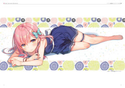 Rule 34 | 1girl, arm up, bare legs, bare shoulders, barefoot, blue dress, blue sailor collar, bow, brown hair, casual, closed mouth, dress, full body, green bow, hair between eyes, hair bow, hair ornament, highres, lying, medium hair, on side, original, pink eyes, sailor collar, scan, sidelocks, sleeveless, sleeveless dress, solo, toosaka asagi, white bow