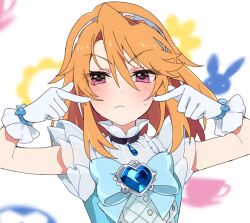 Rule 34 | 1girl, blush, brooch, closed eyes, commentary, fingers to cheeks, frown, gem, gloves, heart, heart brooch, idolmaster, idolmaster cinderella girls, jewelry, mochino, orange hair, pink eyes, solo, sweatdrop, symbol-only commentary, upper body, v-shaped eyebrows, white gloves, yuuki haru