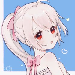 Rule 34 | 1girl, blush, breasts, large breasts, long hair, looking at viewer, mafumafu, manun-chan, niconico, open mouth, red eyes, ruko (luco qaq), short hair, simple background, smile, solo, white hair