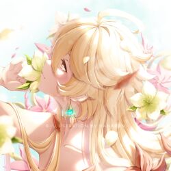 Rule 34 | 1boy, aether (genshin impact), ahoge, arm up, artist name, bishounen, blonde hair, blush, closed mouth, collarbone, commentary request, day, eyelashes, flower, genshin impact, hair between eyes, hair down, hanapen, highres, holding, holding flower, leaf, light particles, light rays, long hair, looking up, male focus, orange flower, outdoors, petals, profile, sidelocks, smile, solo, topless male, upper body, watermark, white flower, windwheel aster (genshin impact), yellow eyes