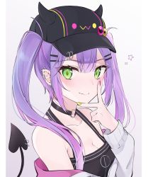 Rule 34 | 1girl, :3, baseball cap, black choker, black dress, black hat, blush, breasts, choker, cleavage, closed mouth, demon tail, dress, ear piercing, eyelashes, fake horns, green eyes, green nails, grey background, hair between eyes, halterneck, hat, hat pin, highres, hololive, horned headwear, horns, jacket, long hair, looking at viewer, medium breasts, multicolored hair, multicolored nails, nail polish, o-ring, o-ring choker, off shoulder, piercing, pink hair, purple hair, purple nails, shiki (shiki1230), simple background, smile, solo, star (symbol), streaked hair, tail, tail ornament, tail piercing, tail ring, tokoyami towa, twintails, two-tone hair, upper body, v, v over mouth, virtual youtuber, white jacket