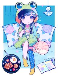 Rule 34 | 1girl, animal hood, black hair, blue background, blue thighhighs, blueberry, blush, book, border, braid, cardigan, cat, closed mouth, commentary request, cup, floral print, flower, food, fork, fried egg, frog hood, fruit, full body, green cardigan, hair ornament, hair over shoulder, hairclip, hand up, highres, holding, hood, hood up, hydrangea, kiato, long hair, open book, open cardigan, open clothes, original, pillow, plate, purple eyes, single thighhigh, sitting, sleeping, smile, socks, socks over thighhighs, solo, strawberry, teacup, teruterubouzu, thighhighs, twin braids, waffle, white border, yellow socks