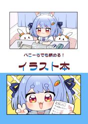 Rule 34 | 0725akaba, 1girl, :3, :d, animal ear fluff, animal ears, blue hair, blue ribbon, blush, closed mouth, comiket 103, curtains, eraser, hair ribbon, highres, holding, holding pencil, hololive, indoors, open mouth, pekomon (usada pekora), pencil, pencil case, rabbit ears, red eyes, ribbon, ruler, short eyebrows, smile, sparkle background, academic test, thick eyebrows, translation request, usada pekora, usada pekora (casual), v, virtual youtuber