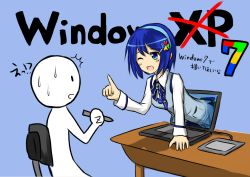 Rule 34 | 1girl, 7-tan, artist self-insert, bad id, bad pixiv id, blue hair, fourth wall, h zhang, hair ornament, hairclip, madobe nanami, microsoft windows, no nose, notebook, one eye closed, os-tan, pointing, simple background, sweatdrop, through medium, through screen, translation request, zetto