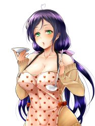 Rule 34 | 10s, 1girl, apron, bare shoulders, breasts, green eyes, highres, ladle, large breasts, long hair, looking at viewer, love live!, love live! school idol festival, love live! school idol project, open mouth, purple hair, ramucha, saucer, simple background, solo, sweater, tojo nozomi, twintails