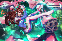 Rule 34 | !, 1boy, 1girl, abs, animal print, blonde hair, blue bodysuit, bo xun lin, bodysuit, breasts, brown eyes, brown hair, character name, charm (object), clothes writing, controller, d.va (overwatch), emblem, energy, energy ball, explosive, facepaint, facial mark, finger on trigger, full body, gloves, grenade, gun, handgun, harness, headphones, high collar, highres, holding, holding gun, holding weapon, joystick, junkrat (overwatch), lips, long hair, looking at viewer, looking to the side, mecha, mechanical arms, medium breasts, meka (overwatch), mirrored, nose, open mouth, overwatch, overwatch 1, pilot suit, pink lips, pistol, rabbit print, ribbed bodysuit, robot, shorts, shoulder pads, single mechanical arm, skin tight, smile, solo focus, spikes, swept bangs, teeth, tongue, upper teeth only, vest, weapon, whisker markings, white gloves