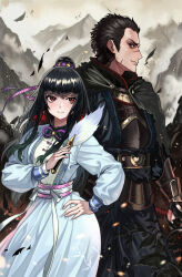 Rule 34 | 1boy, 1girl, armor, black cloak, black hair, chinese clothes, cloak, contrapposto, cover, feather fan, from side, gauntlets, gemi ningen, hair ribbon, hand on own hip, hanfu, highres, holding, holding polearm, holding weapon, jeon ho, jin soyeon, looking at another, looking to the side, mountain, player na wa, polearm, profile, red eyes, ribbon, scar, sidelocks, standing, topknot, waist sash, weapon