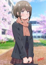 Rule 34 | 1girl, :t, azusagawa kaede, black jacket, blue sky, blurry, blurry background, blush, bow, briefcase, brown eyes, brown hair, brown scarf, brown skirt, building, closed mouth, cloud, commentary request, dated, day, depth of field, fringe trim, hair bow, holding, jacket, long sleeves, outdoors, pleated skirt, pout, red bow, sakayaya, scarf, school briefcase, seishun buta yarou, signature, skirt, sky, solo, tree, v-shaped eyebrows