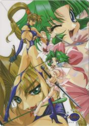 Rule 34 | 1990s (style), 2girls, ankle cuffs, ass, blonde hair, blue eyes, bow, dagger, dominatrix, ellis (toushinden), fang, green eyes, green hair, high heels, holding, holding dagger, holding knife, holding weapon, knife, kotobuki tsukasa, leotard, licking, long hair, multiple girls, official art, one-piece thong, one eye closed, panties, pink bow, ponytail, retro artstyle, see-through, see-through sleeves, shoes, short hair, sofia, sofia (toushinden), tamsoft, thong, toushinden, underwear, weapon, whip, wink