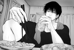 Rule 34 | 1boy, can, chopsticks, food, fushiguro touji, greyscale, hair between eyes, highres, holding, holding can, holding chopsticks, indoors, jujutsu kaisen, knee up, looking away, male focus, monochrome, plate, short hair, shorts, sitting, solo, ss utr3n, tongue, tongue out, towel, towel around neck, tsurime, upper body