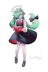 Rule 34 | 1girl, amulet, black bow, black dress, black footwear, blush, book, bow, bukurote, collared shirt, commentary request, dress, full body, glowing, glowing eye, green hair, hair bow, hair ornament, hair over one eye, hairpin, halo, heart, highres, holding, holding book, long sleeves, looking to the side, open mouth, original, ouroboros, ouroboros-chan (zizi niisan), pantyhose, pointy ears, ponytail, red eyes, shirt, simple background, solo, translation request, white background, white pantyhose, white shirt