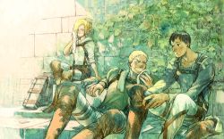 Rule 34 | 1girl, 2boys, annie leonhart, bertolt hoover, blonde hair, blush, boots, brown hair, chest harness, feet out of frame, grin, harness, knee boots, leather, leather boots, multiple boys, pants, pectorals, prema-ja, reiner braun, shingeki no kyojin, short hair, sideburns, smile, sunlight, three-dimensional maneuver gear, toned, toned male, tree, white pants, wiping face