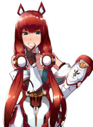 Rule 34 | 1girl, bare shoulders, blue eyes, blush, breasts, clariskrays, collarbone, cowboy shot, gloves, hair ornament, hand on own hip, highres, long hair, long sleeves, looking at viewer, phantasy star, phantasy star online 2, red hair, simple background, skirt, small breasts, smile, solo, tokiwa mmm, twintails, very long hair, white background