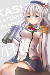 Rule 34 | 10s, 1girl, absurdres, binoculars, blue eyes, breasts, female focus, gloves, guardian-panda, hat, highres, kantai collection, kashima (kancolle), large breasts, military, military uniform, miniskirt, silver hair, skirt, smile, solo, twintails, uniform
