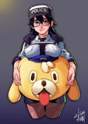 Rule 34 | 1girl, astral chain, between breasts, blue-framed eyewear, blue hair, blush, breast rest, breasts, brown pantyhose, commentary request, cropped legs, glasses, green eyes, haleileileilei, harness, hat, highres, impossible clothes, impossible shirt, lappy, large breasts, marie wentz, mascot costume, mascot head, medium hair, mole, mole under eye, necktie, necktie between breasts, nose blush, pantyhose, police, police hat, police uniform, policewoman, purple necktie, shirt, shorts, shoulder pads, solo, uniform