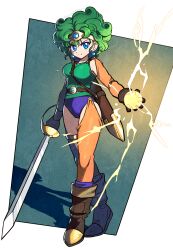 Rule 34 | 1girl, absurdres, betabetamaru, blue eyes, boots, bracelet, brown footwear, brown gloves, buruma, circlet, commentary request, curly hair, dragon quest, dragon quest iv, earrings, energy ball, full body, gloves, grey hair, heroine (dq4), highres, holding, holding sword, holding weapon, jewelry, legband, open mouth, purple buruma, serious, shadow, sheath, single glove, single sleeve, single thighhigh, smile, solo, sword, thighhighs, v-shaped eyebrows, weapon