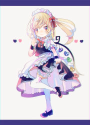 Rule 34 | apron, bat wings, blonde hair, crystal, flandre scarlet, full body, hat, heart, hiyuu (hiyualice), maid, maid apron, maid headdress, multicolored wings, one side up, puffy short sleeves, puffy sleeves, red eyes, short hair, short sleeves, side ponytail, skirt, skirt set, touhou, waist apron, wings