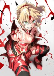 Rule 34 | 1girl, amputee, bare shoulders, black thighhighs, blonde hair, blood, blood on clothes, blood on face, braid, breasts, cleavage, commentary request, fate/apocrypha, fate (series), green eyes, guro, hair ornament, hair scrunchie, highres, long hair, looking at viewer, mordred (fate), mordred (fate/apocrypha), mozu (peth), ponytail, red scrunchie, scrunchie, simple background, small breasts, smile, solo, teeth, thighhighs, torn clothes, torn thighhighs, white background
