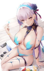 Rule 34 | 1girl, absurdres, bare shoulders, blue fire, blue hair, blush, body markings, bracelet, breasts, earrings, fate/grand order, fate (series), fire, flower, hair flower, hair ornament, hair ribbon, highres, jewelry, kama (fate), kama (swimsuit avenger) (fate), kama (swimsuit avenger) (third ascension) (fate), kisaki oni, large breasts, long hair, looking at viewer, lotus, multicolored hair, nail polish, navel, red eyes, revealing clothes, ribbon, silver hair, star (symbol), star earrings, thighs, two-tone hair